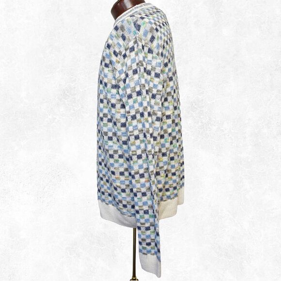 Franco Danti Italy Blue Green Checkerboard Cotton Blend Crewneck Sweater-Mens L - Picture 5 of 6